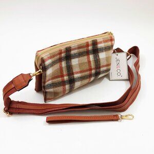NWT Jen & Co Izzy Crossbody Wristlet Bag Black Cream Plaid 6.5x10x2 inches